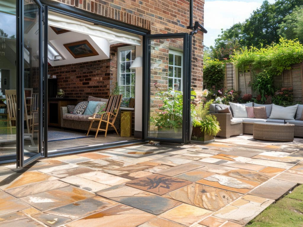 A sunlit patio with stone tiles connects to a cozy indoor lounge through open glass doors. Outdoor seating, greenery, and discreet domestic scaffolding create an inviting, relaxing space for gathering—even during renovations.