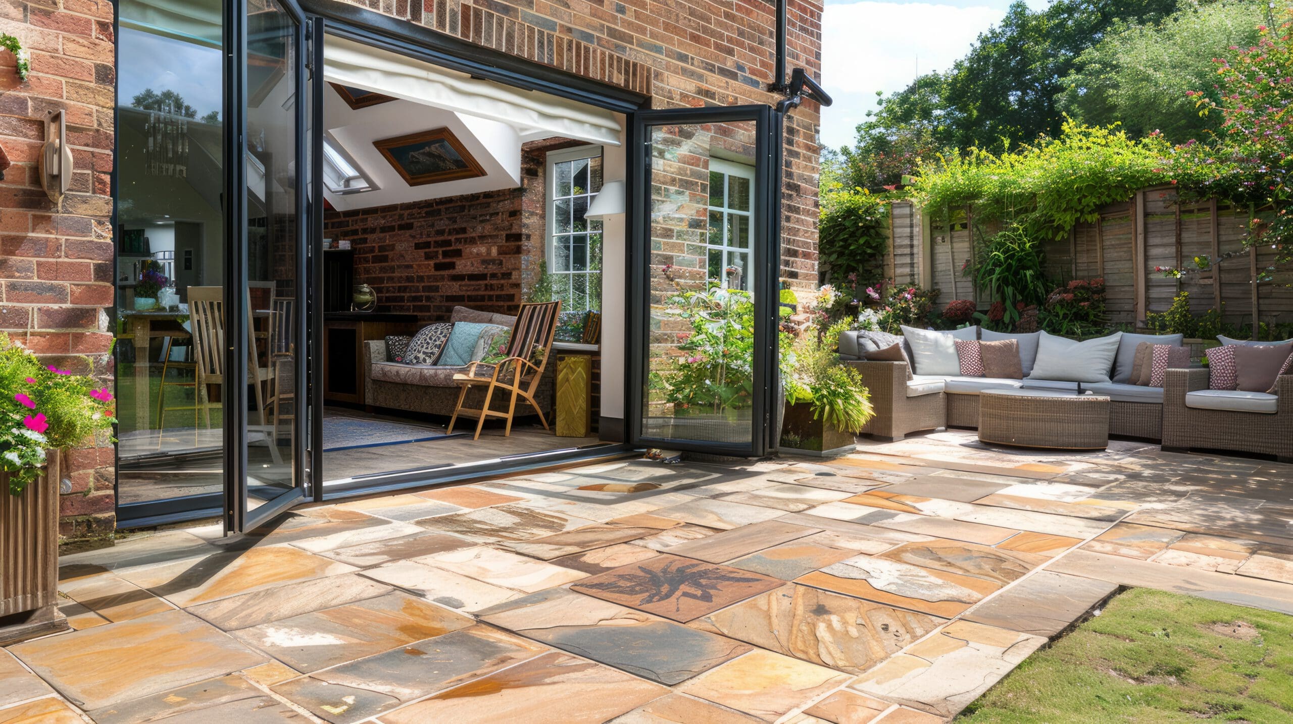 A modern patio with stone tiles leads to a cozy indoor living space through large folding glass doors. Outdoor seating with cushions and lush greenery create a relaxing garden atmosphere, while a sleek chimney wrap adds an elegant architectural touch.