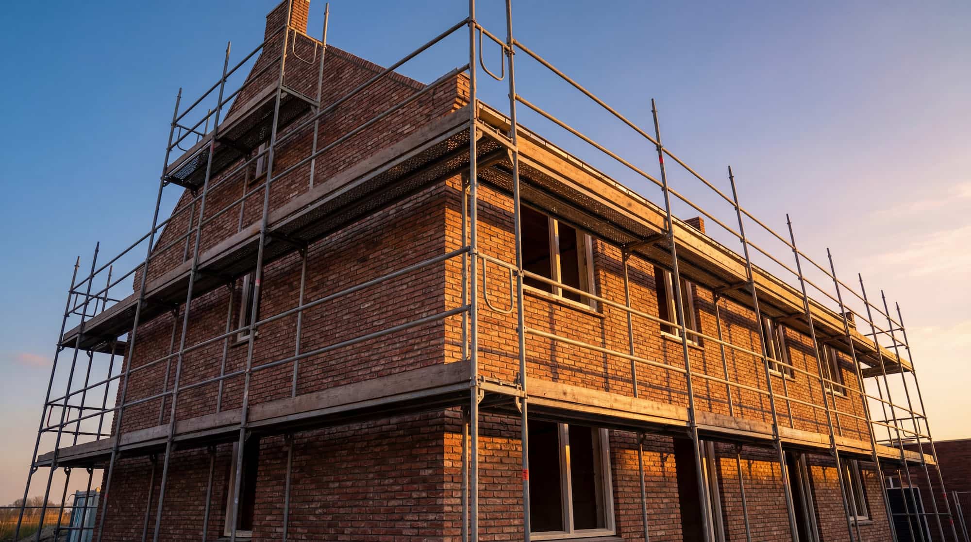 A brick house under construction is surrounded by metal scaffolding, with the building illuminated by warm sunlight. The sky is clear and blue.
